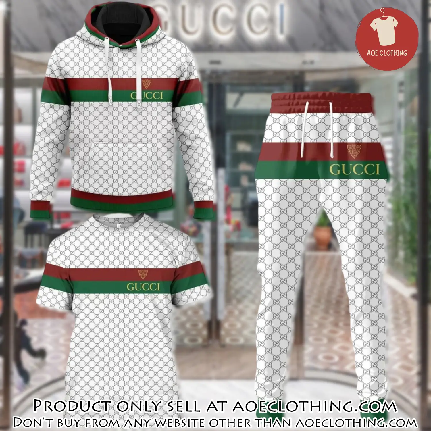 Gucci red green pattern white unisex tshirt hoodie long pants set luxury brand clothing special gift outfit for men women aoe1447356